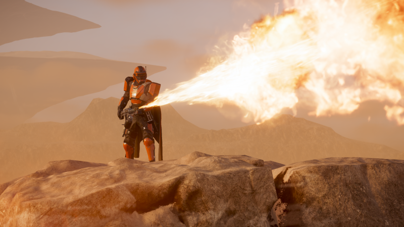 An image of a Helldiver holding a flamethrower in a desert setting, aiming at unseen enemies.